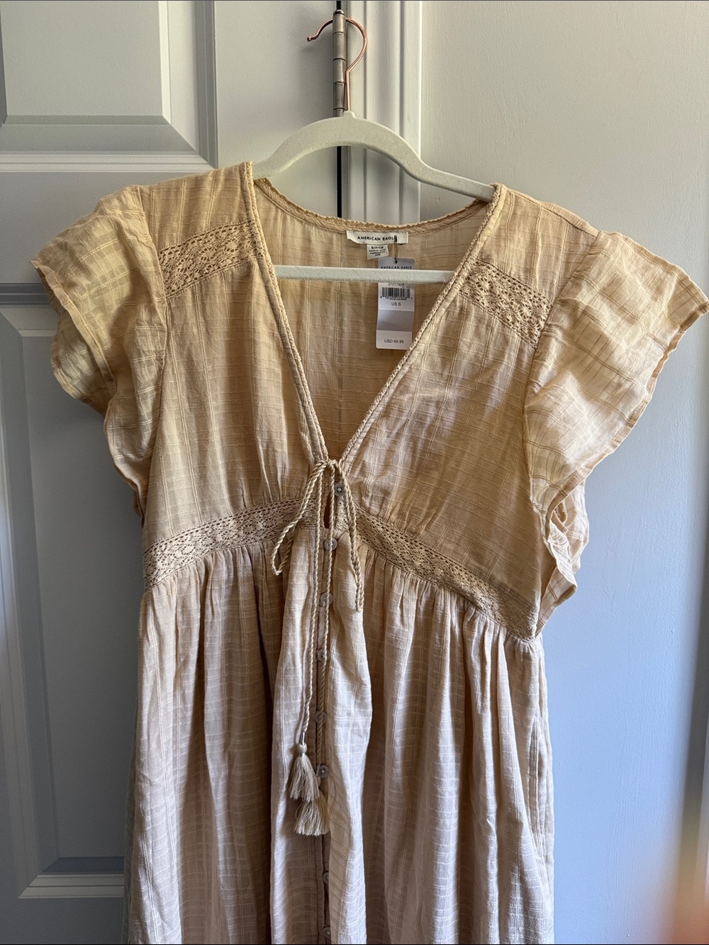 American Eagle Outfitters Beige Tassel Tie Maxi Dress